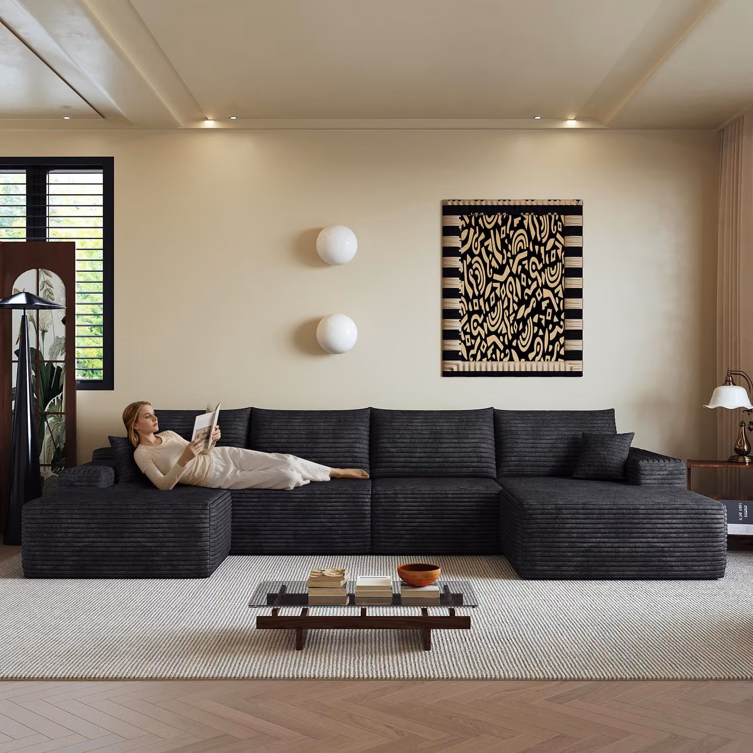 Divano angolare modulare senza schienale, con chaise longue a forma di L, design moderno, seduta profonda. Non richiede montaggio