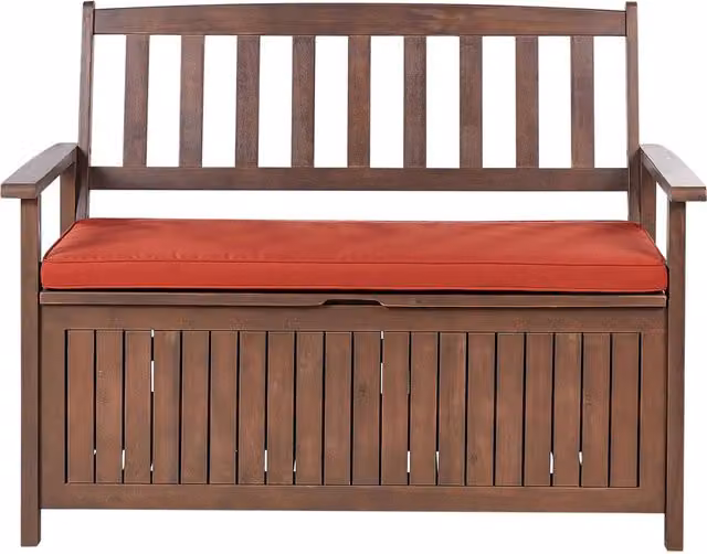 Panca da esterno con contenitore BELIANI in legno di acacia marrone con cuscini rossi, L: 120 cm