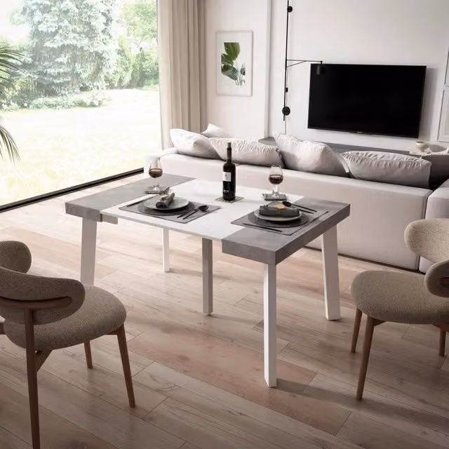 Consolle allungabile, 140x90x73cm, Per 6 persone, Gambe in legno, Bianco e grigio cemento RF3124