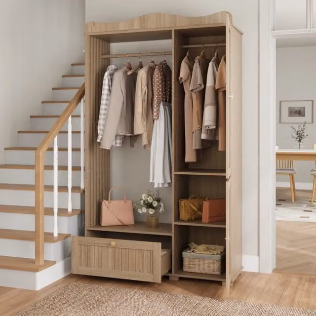 Armadio aperto con specchio intero 2 ante e cassetti per camera e ingresso in mdf rovere 115,5 × 38,5 × 194,5 cm