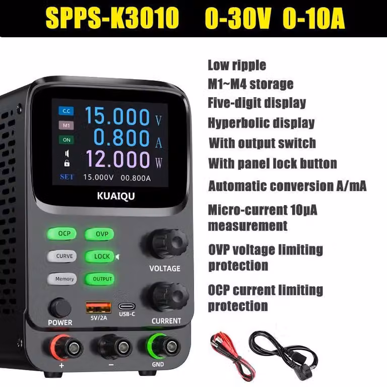 Alimentatore da laboratorio CC - SPPS-K3010 - Regolabile 0–30 V 0–10 A - Display a 5 cifre - Risoluzione 10 µA - OVP/OCP - 4 posizioni di memoria