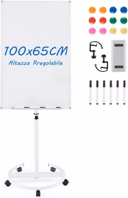 Lavagna magnetica cancellabile a secco Design Mania con supporto mobile regolabile in altezza e 5 ruote, Bianco