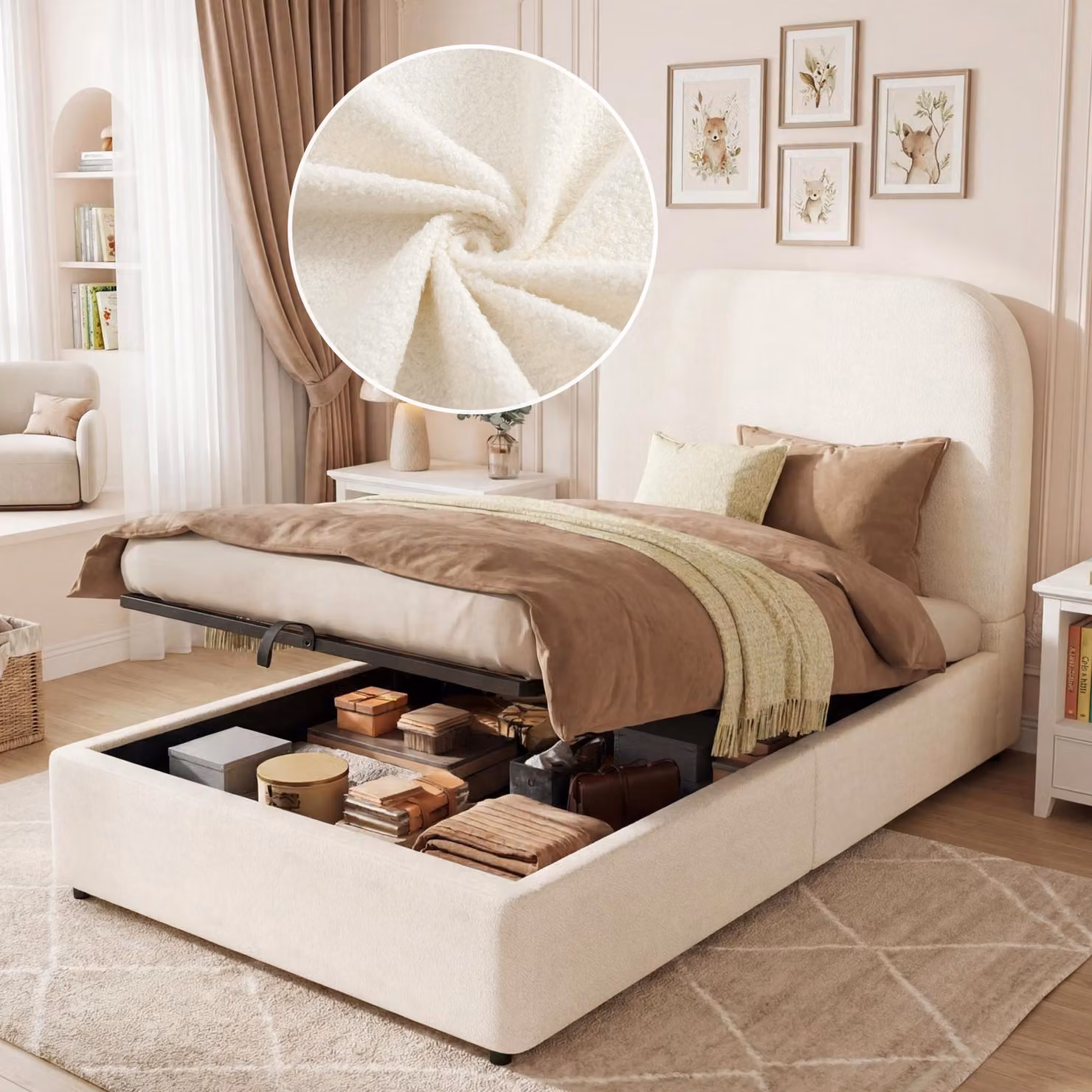 Letto imbottito idraulico Flieks 90x200 cm con contenitore, letto per ragazzi/bambini, letto singolo con testiera e rete a doghe, letto contenitore Bouclé, beige