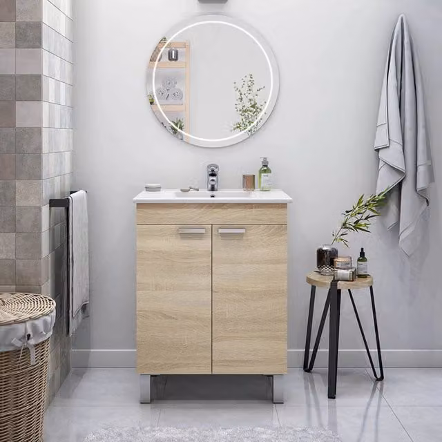 DMORA Mobile Sottolavabo Polino con 2 Ante Soft Close e Ripiani Interni, Marrone Rovere, L: 60 cm, P: 45 cm, H: 80 cm – 1