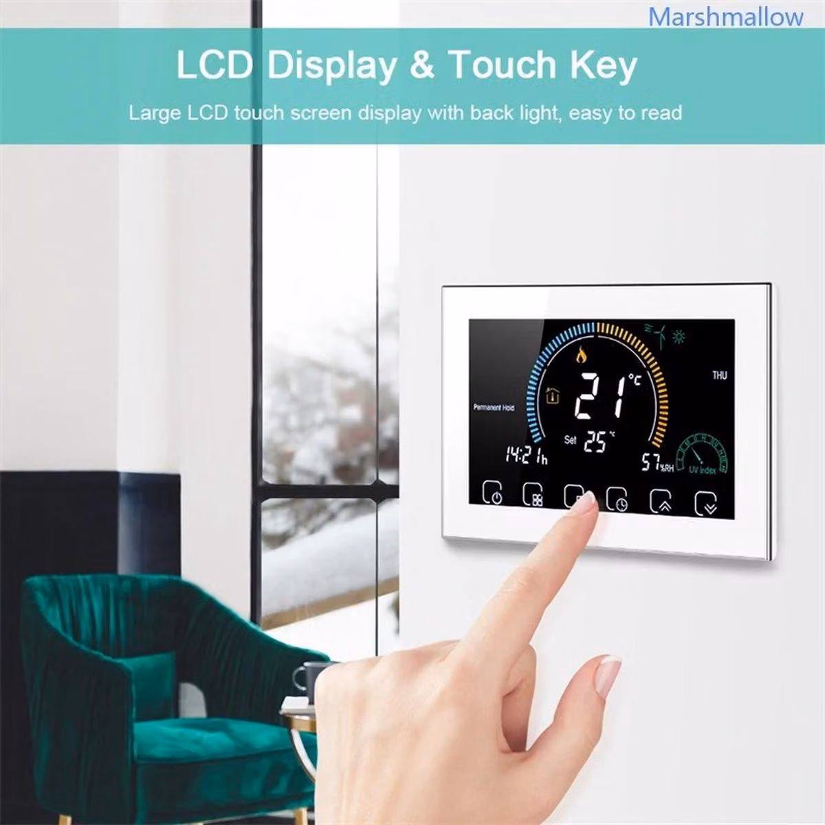 Termostato intelligente WiFi, programmabile, con schermo LCD touch, controllo vocale, controllo tramite app e a basso consumo energetico