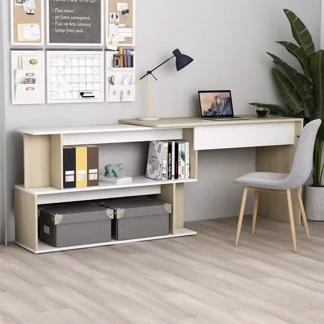 Scrivania ad angolo moderna vidaXL in legno bianco e marrone L: 200 cm, P: 50 cm, H: 76 cm