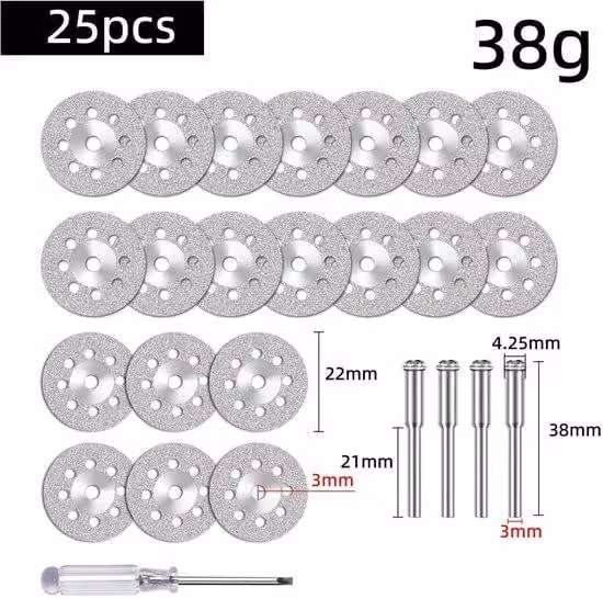 25 mini dischi abrasivi diamantati da 22 mm, compatibili con le levigatrici Dremel, lame circolari in acciaio rapido con rivestimento Harsc, incluse 4 pinze di fissaggio SC e 1 cacciavite.
