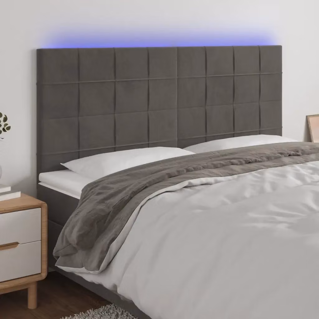 Testiera con illuminazione LED e porta di ricarica USB in velluto grigio, L: 180 cm, P: 5 cm, H: 118/128 cm – 2