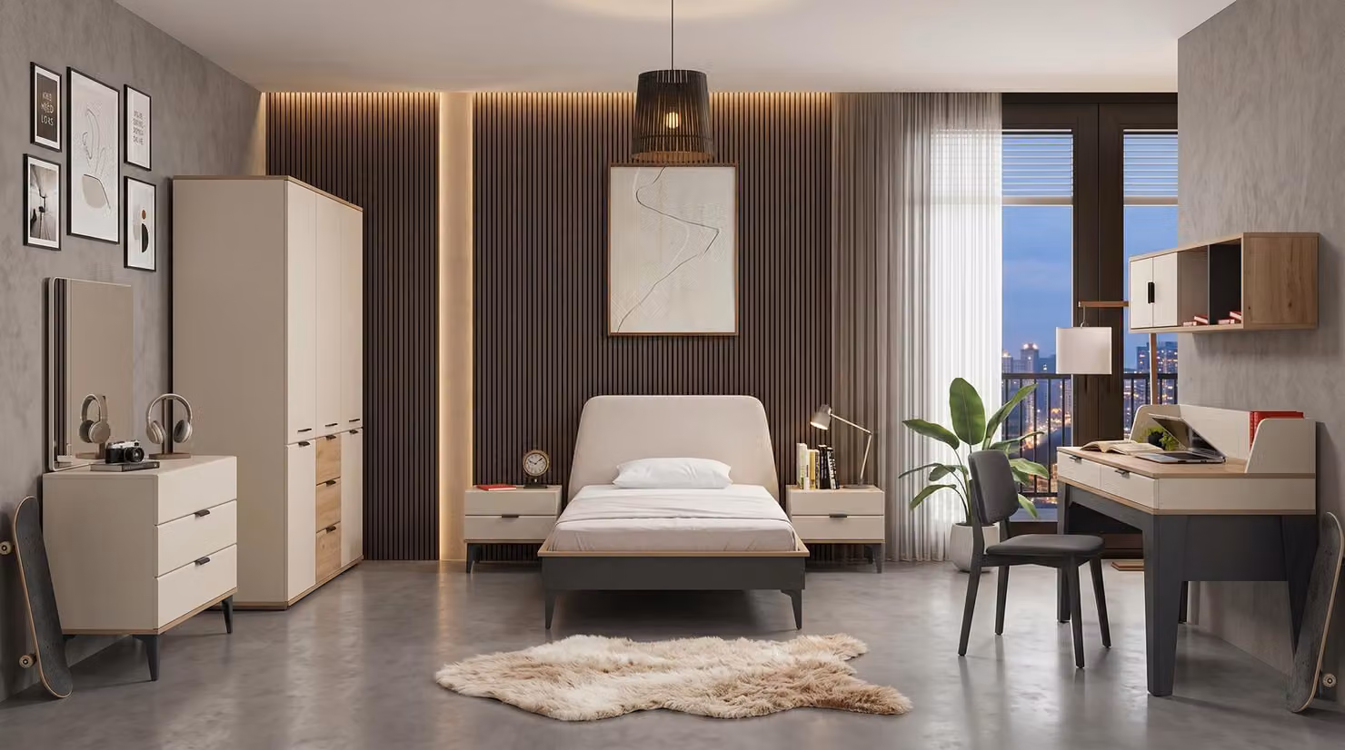 Letto, comodini, cassettiera, armadio e scrivania per camera da letto dei ragazzi, tutti in tonalità beige