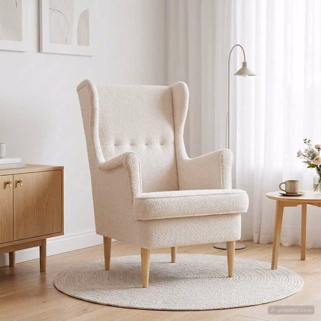 Poltrona Lounge moderna vidaXL in tessuto Bouclé beige e bianco con braccioli e struttura in legno e metallo