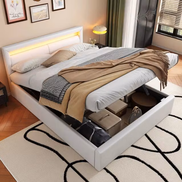 Letto imbottito 140x200 cm con rete a doghe, contenitore e testiera illuminata a LED in ecopelle bianca