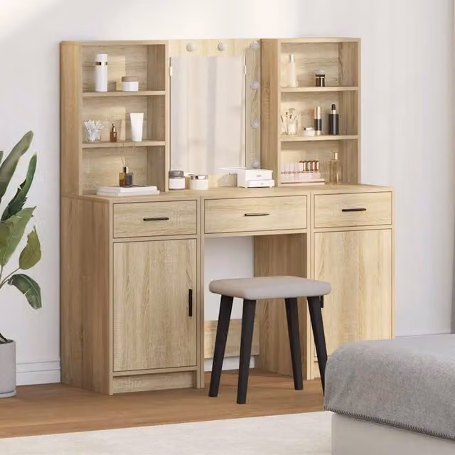 Set da trucco Hollywood con LED vidaXL in legno color rovere marrone L: 135 cm, P: 41 cm, H: 37,5 cm