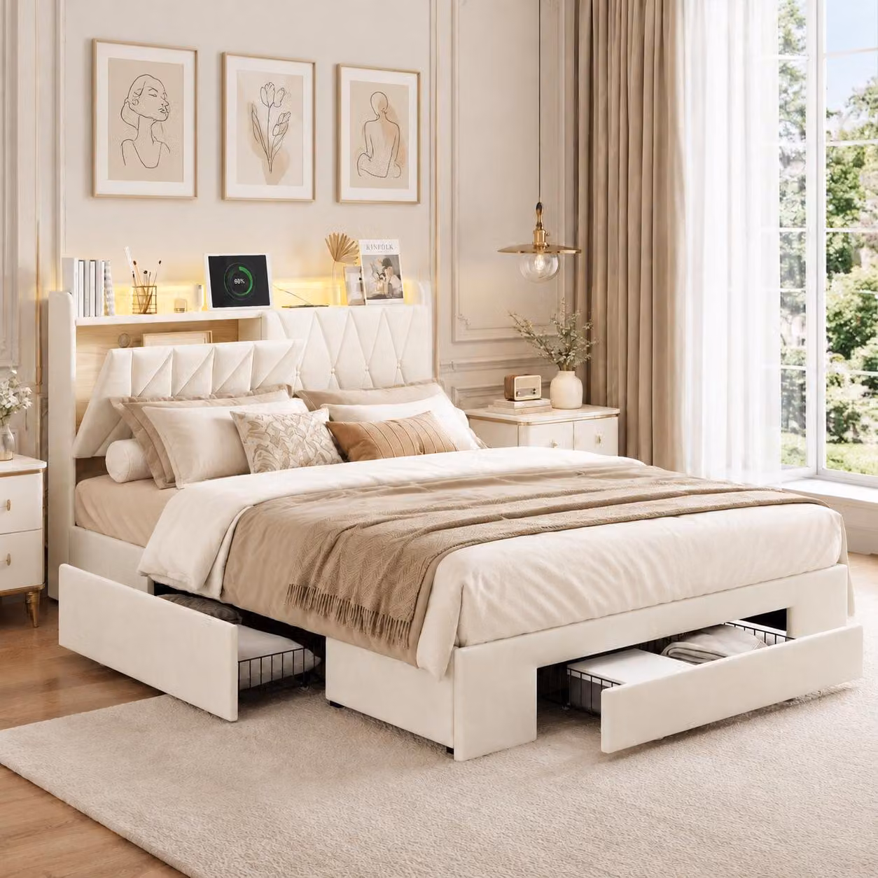 Letto matrimoniale INONEFT, 160 x 200 cm, con imbottitura, contenitore, luci LED e prese USB, letto per adulti con 3 cassetti estraibili, rivestito in velluto, colore beige