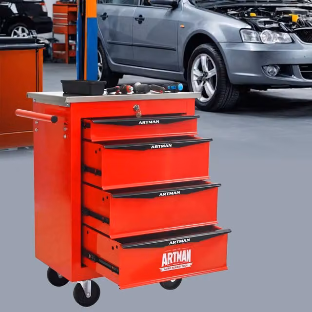 Carrello portautensili OKWISH in acciaio con 4 cassetti, ruote e serratura, colore rosso e nero, L: 62.5 cm, P: 34.5 cm, H: 78 cm