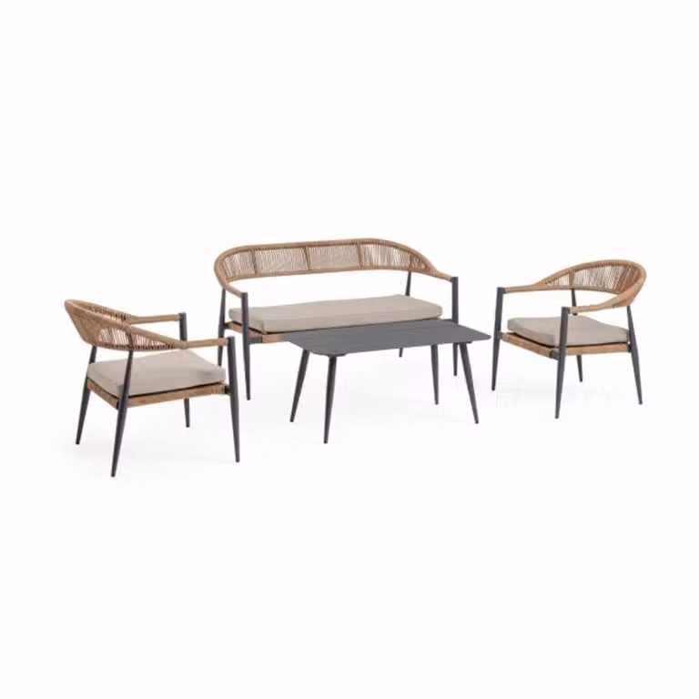 Set salotto JANDIA con 1 divano, 2 poltrone e 1 tavolino in alluminio antracite e fibra intrecciata naturale
