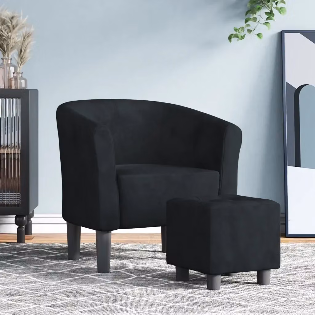 Poltrona Relax Cabriolet con Poggiapiedi in Velluto Nero e Struttura in Legno – 2