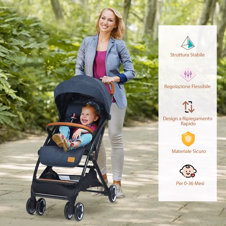 Passeggino pieghevole Costway con telaio in alluminio per bambini, Blu scuro