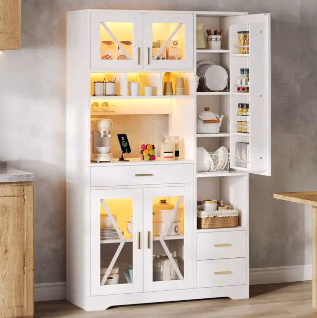 Credenza buffet da cucina con LED APP; prese USB; ripiani regolabili; 185x105x40 cm; MDF bianco