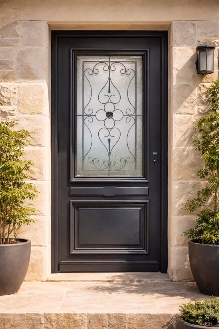 Porta d'ingresso in legno con vetro Candice grigio antracite, H.215xL.90 cm, lato pannello P. sinistra, GD MENUISERIES
