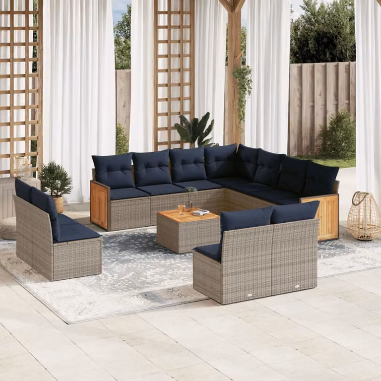 Set di divani da giardino vidaXL 12 pezzi in polyrattan e legno di acacia oliato con cuscini grigi e blu per esterno