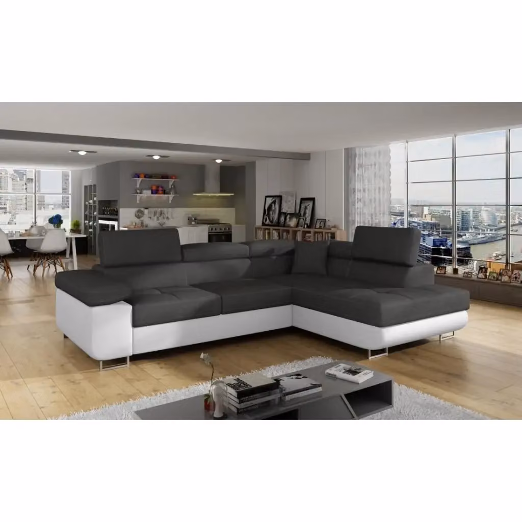 Divano angolare trasformabile MEUBLORAMA grigio e bianco con funzione letto, poggiatesta regolabile e contenitore, L/P/H: 272 x 145 x 85 cm – 2
