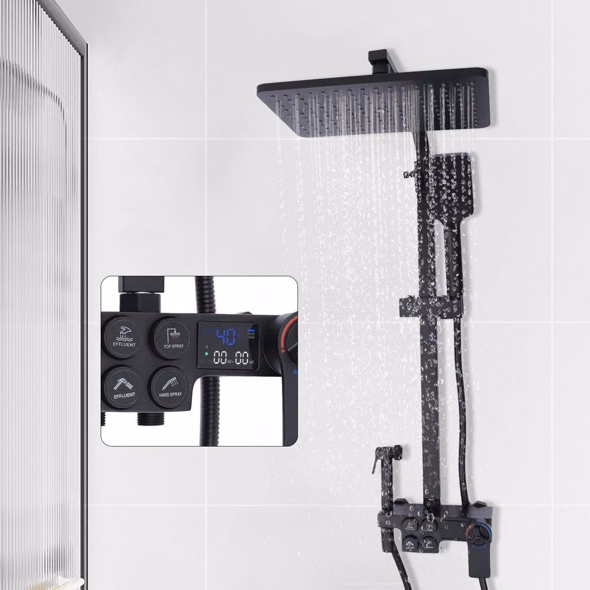 Set doccia termostatico - Nero - Display LED - Altezza regolabile - Acciaio inossidabile - Montaggio a parete