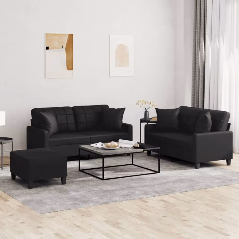 Set di divani 3 pezzi vidaXL in similpelle nera con cuscini e pouf per soggiorno