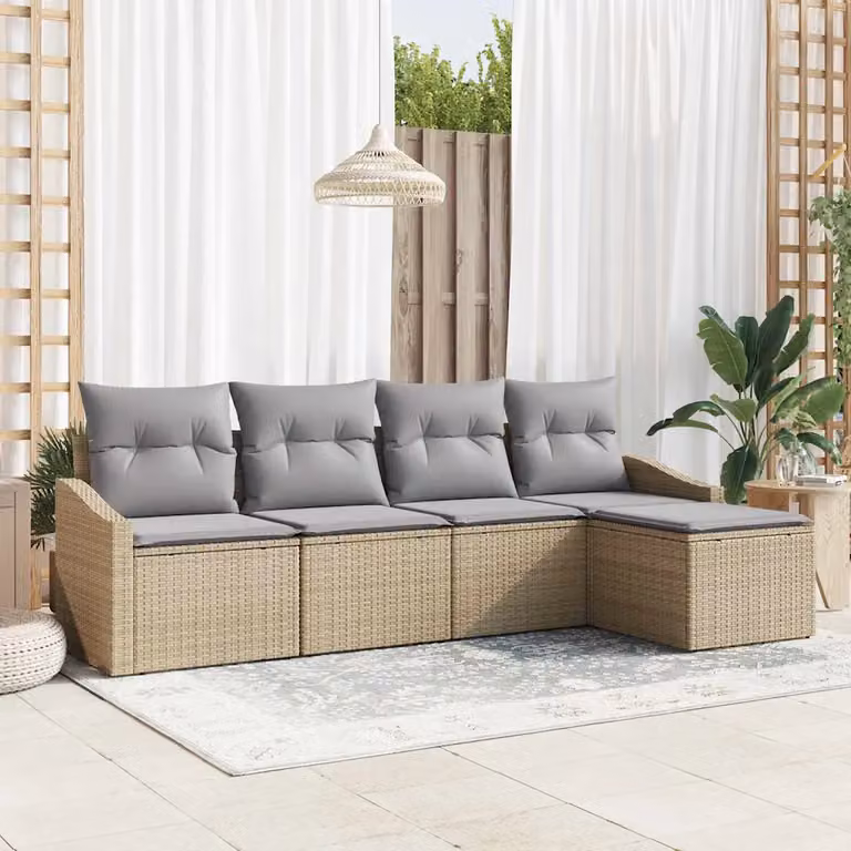 Set di divani da giardino vidaXL a forma di L con cuscini beige e struttura in metallo e rattan