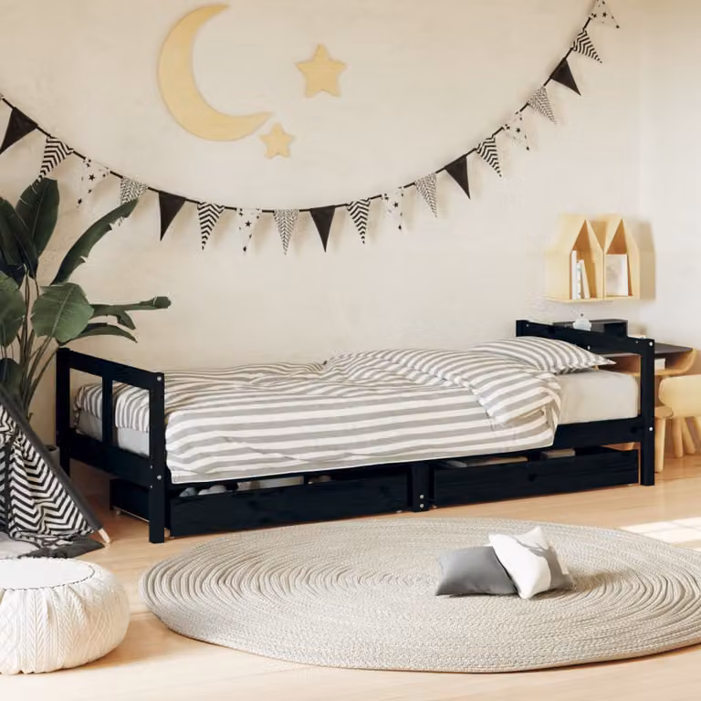 vidaXL Giroletto per bambini con cassetti in legno di pino massello, colore nero, L 200 cm x P 80 cm