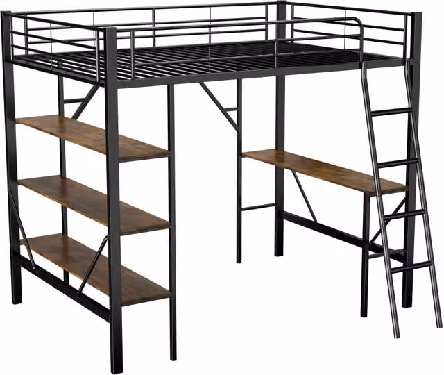 Letto a soppalco in metallo nero 90x200 cm con scrivania e 3 ripiani, struttura robusta per bambini e adulti