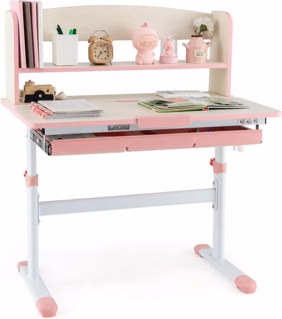Scrivania per Bambini Costway con Piano Inclinabile e Altezza Regolabile, Scrittoio Moderno per Cameretta Multifunzionale in MDF e Metallo