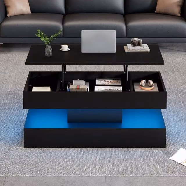 Tavolino da caffè Minimal con LED e cassetto, Bianco effetto rovere e struttura in metallo, L: 100 cm, P: 50 cm, H: 42 cm