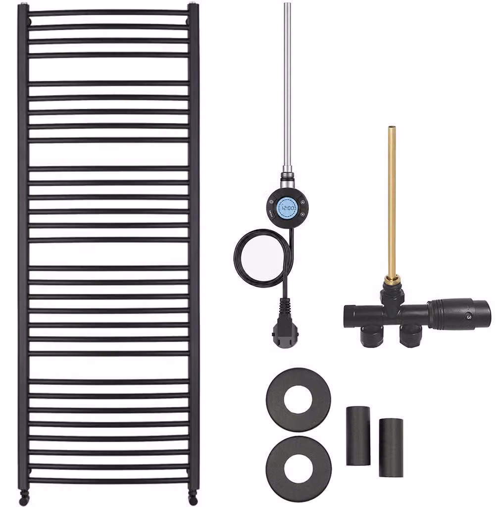 Kit radiatore per bagno Stefano - riscaldamento combinato, antenna Wi-Fi - collegamento laterale a un punto - 600W - nero opaco - 1210x650 mm
