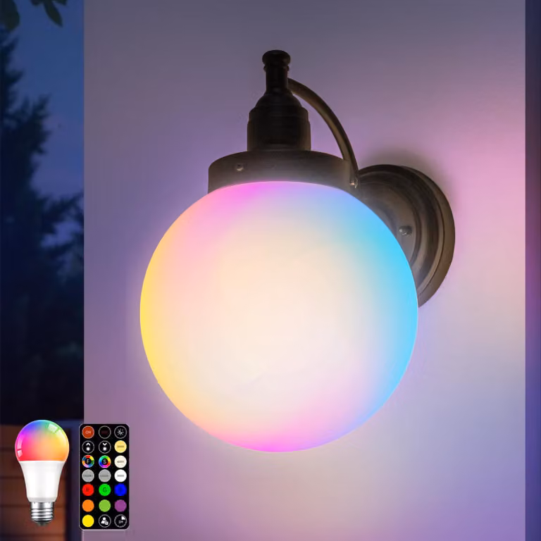 Lampada da parete esterna a LED RGB, a forma di sfera, dimmerabile, con telecomando e timer, attacco E27, grado di protezione IP44