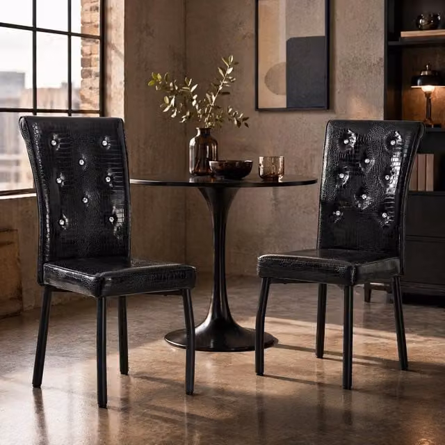 Set di 2 sedie da pranzo vintage WISHDOR in ecopelle nera con effetto animal print e finitura lucida – 1