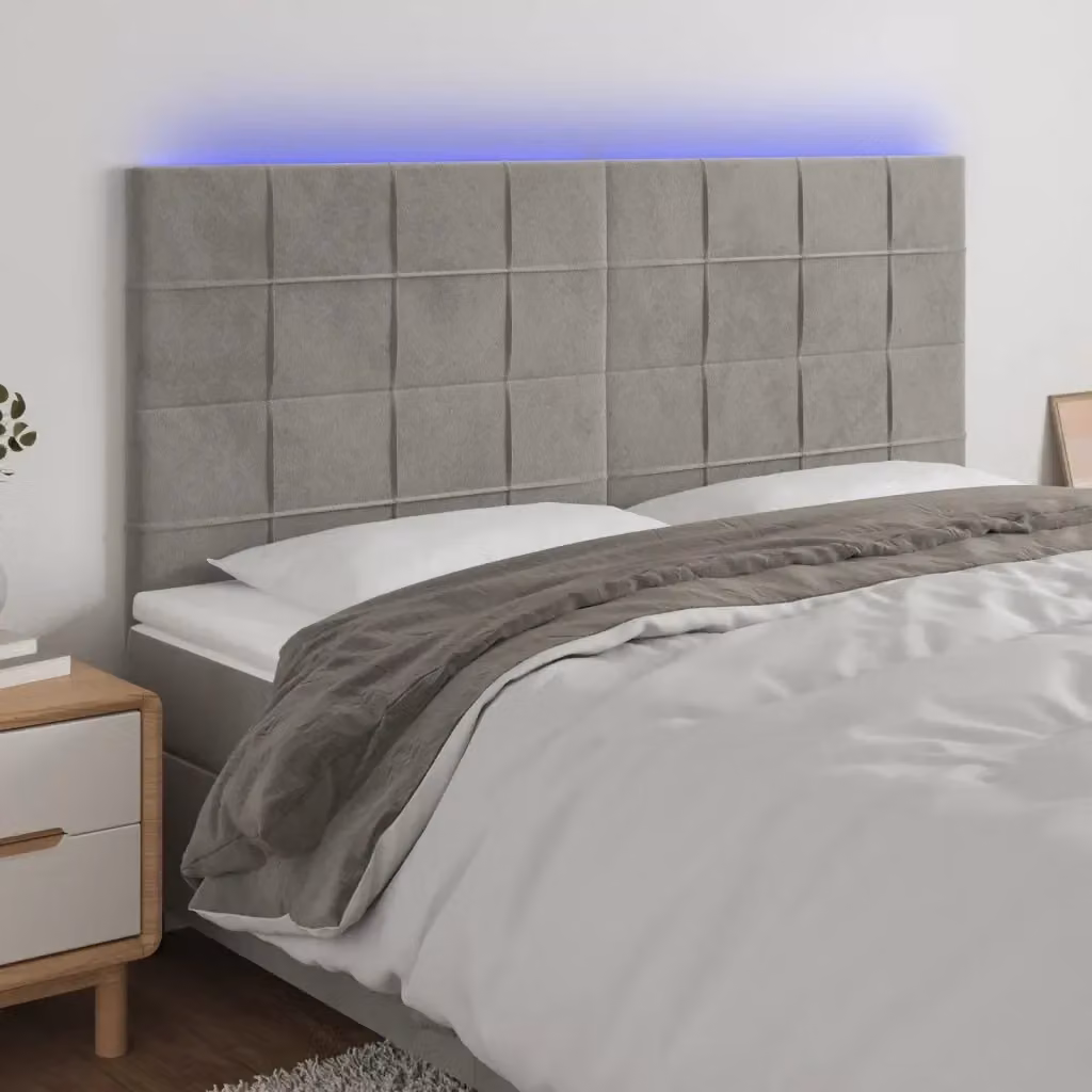Testata del letto con illuminazione LED e porta di ricarica USB in velluto grigio chiaro, L: 200 cm, P: 5 cm, H: 118/128 cm – 2