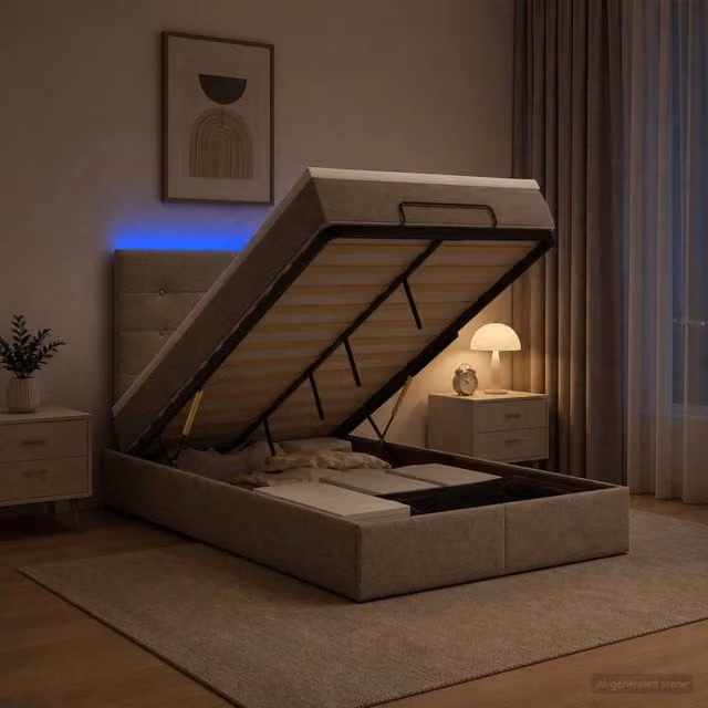 Letto Ottomano con Materasso Ibrido e Illuminazione LED vidaXL, Colore Beige/Grigio, L/P/H: 120 x 200 x 88 cm