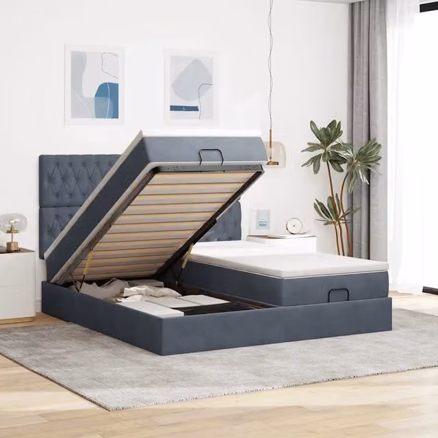 Letto con contenitore a sollevamento vidaXL in velluto grigio e bianco con illuminazione sottostante e porta USB L/P/H: 203 x 200 x 280 cm