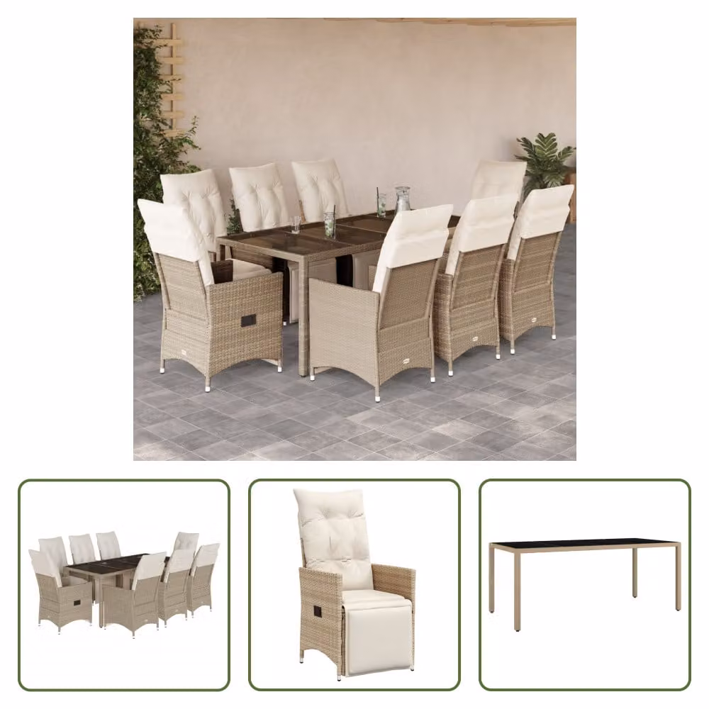 The Living Store Set bistrot da giardino 9 pezzi con cuscini Beige in poly rattan