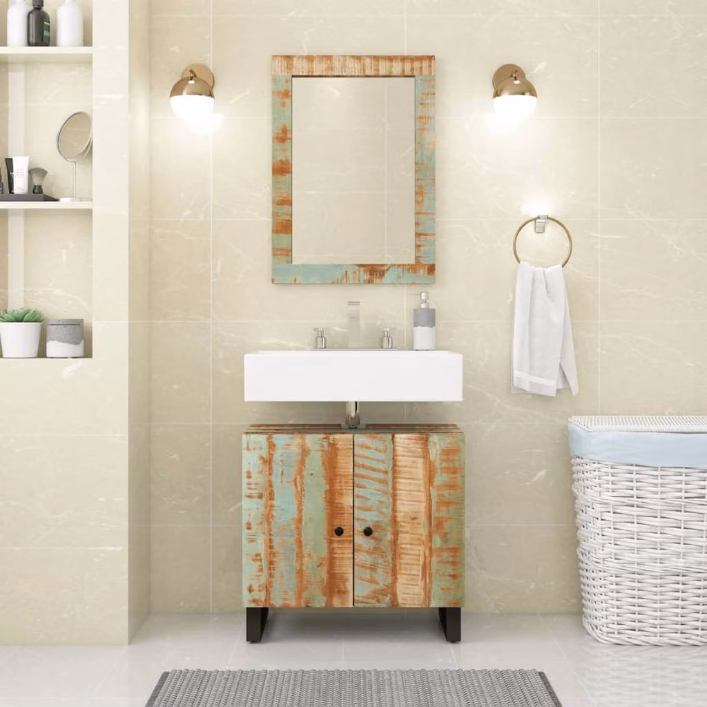 Set Mobili da Bagno vidaXL in Legno Massello di Recupero Multicolore composto da Mobile Lavabo e Armadietto con Specchio in Stile Rustico
