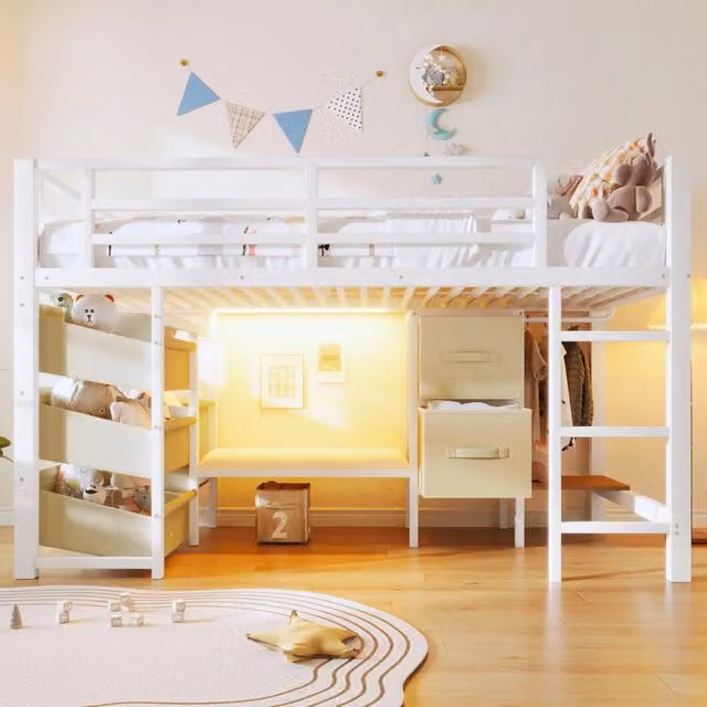 Letto a soppalco basso 90x200 in metallo bianco con luci LED multicolore e contenitori