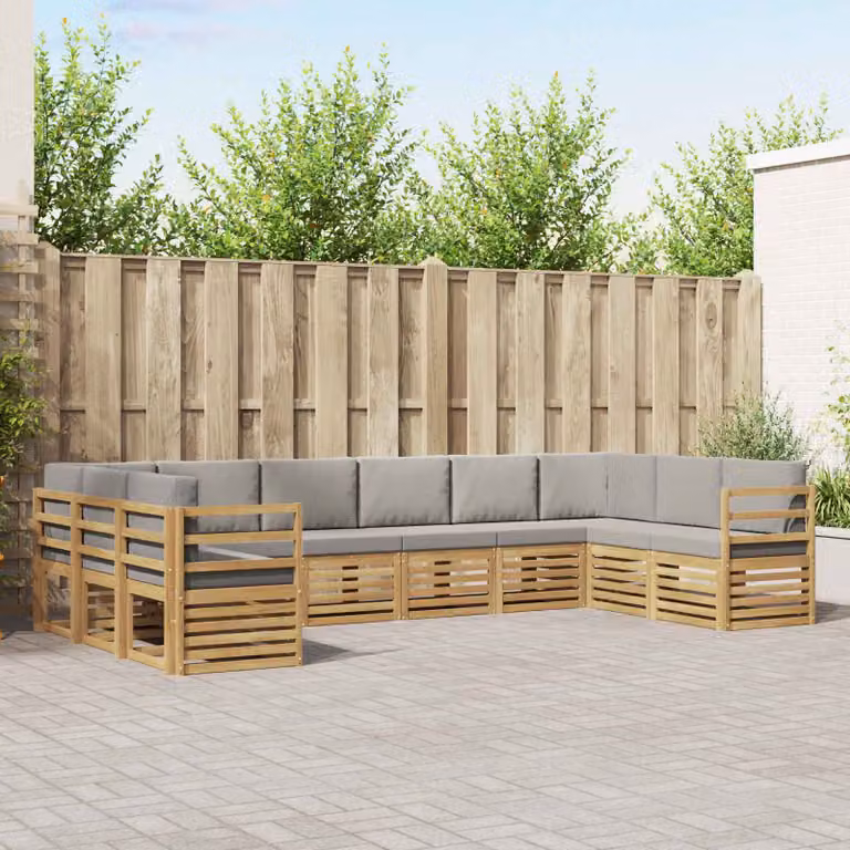 Set di divani da esterno vidaXL a forma di U in legno di acacia con cuscini, Bianco e Grigio