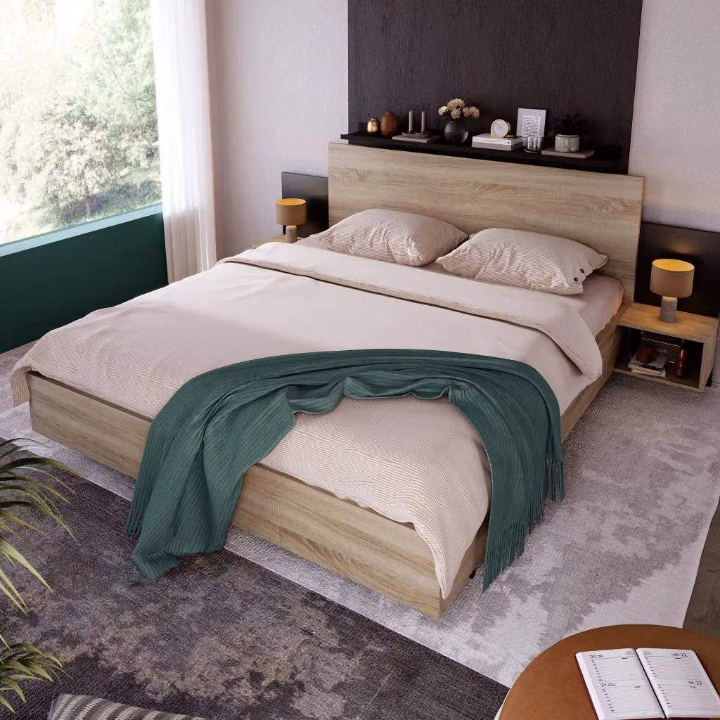 Letto matrimoniale OKWISH in legno rovere e grigio con 2 comodini sospesi, L/P/H: 160 x 200 x 235 cm – 2