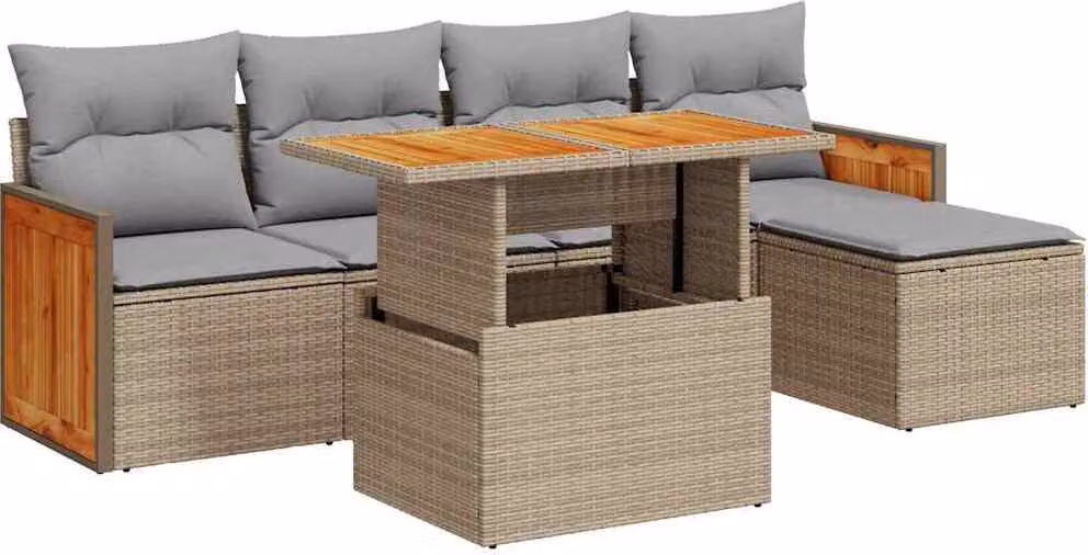 Set Divano da Giardino 6 pz con Cuscini Beige Polyrattan Acacia