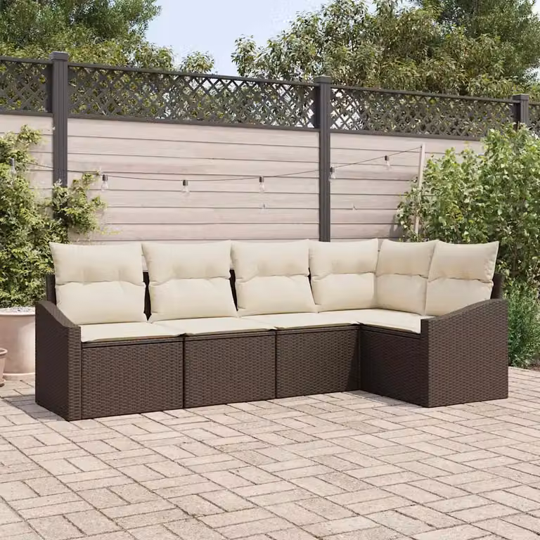 Set Divano da Giardino vidaXL 5 Pezzi a Forma di L in Polyrattan Marrone e Bianco con Cuscini e Struttura in Acciaio Verniciato a Polvere