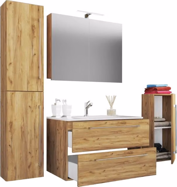 Set da bagno Ezooza composto da 5 pezzi in Rovere con lavabo XL in ceramica, mobile sospeso con 2 cassetti, colonna, mobile specchio con illuminazione LED e armadietto a muro