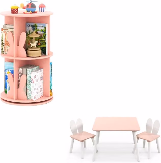 Set per cameretta bambini Design Mania composto da libreria rotante a 2 ripiani e tavolo con sedie in legno color rosa
