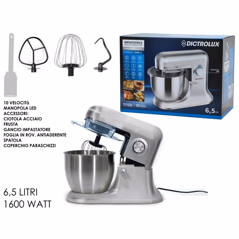Impastatrice Planetaria Multifunzione Trade Shop Traesio con Ciotola da 6,5 l, 10 Velocità, 1600 W e Display LED, Colore Argento – 2