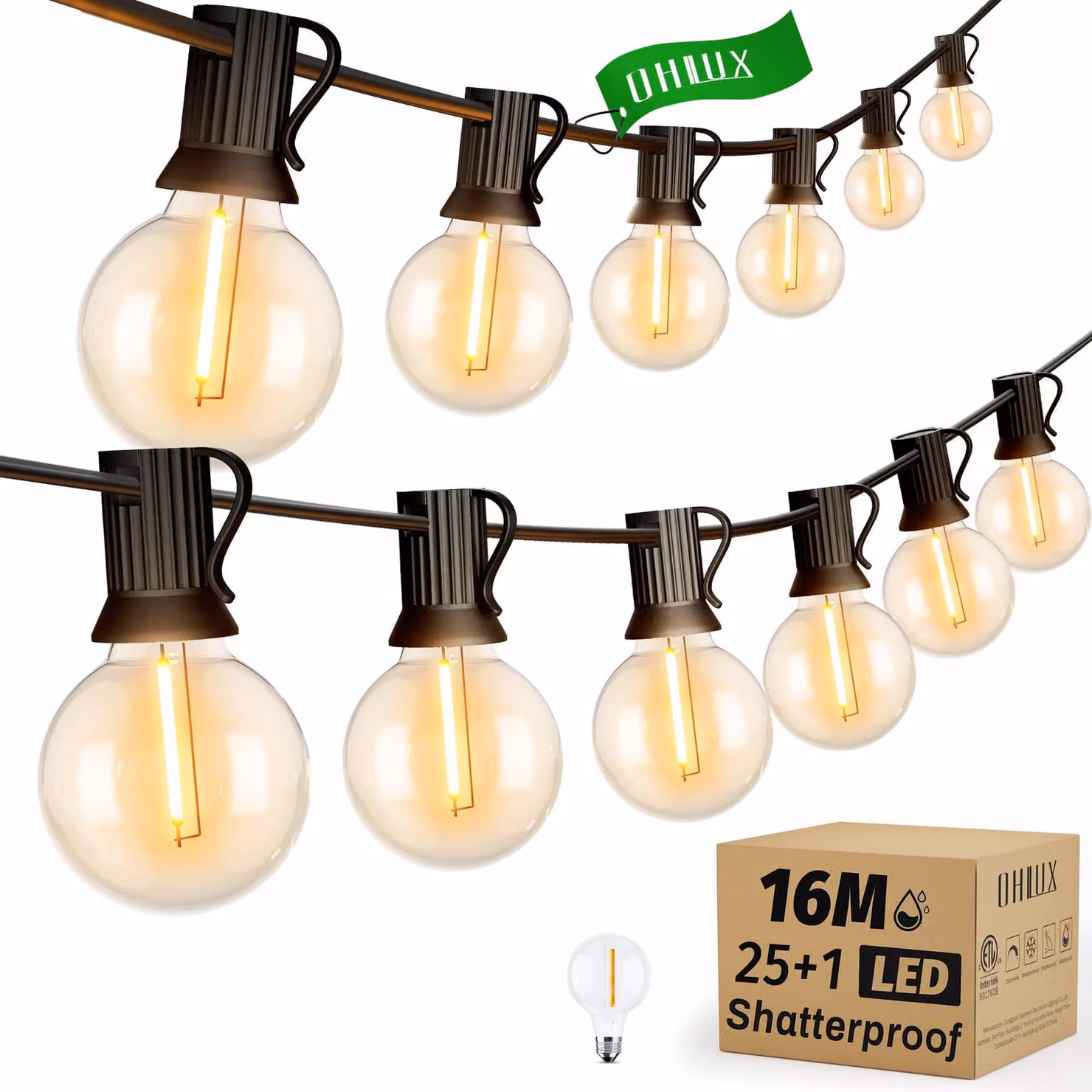 Catena luminosa a LED, lunghezza 16 metri, 25 lampadine G40, luce bianco caldo 2200 K, dimmerabile, grado di protezione IP65
