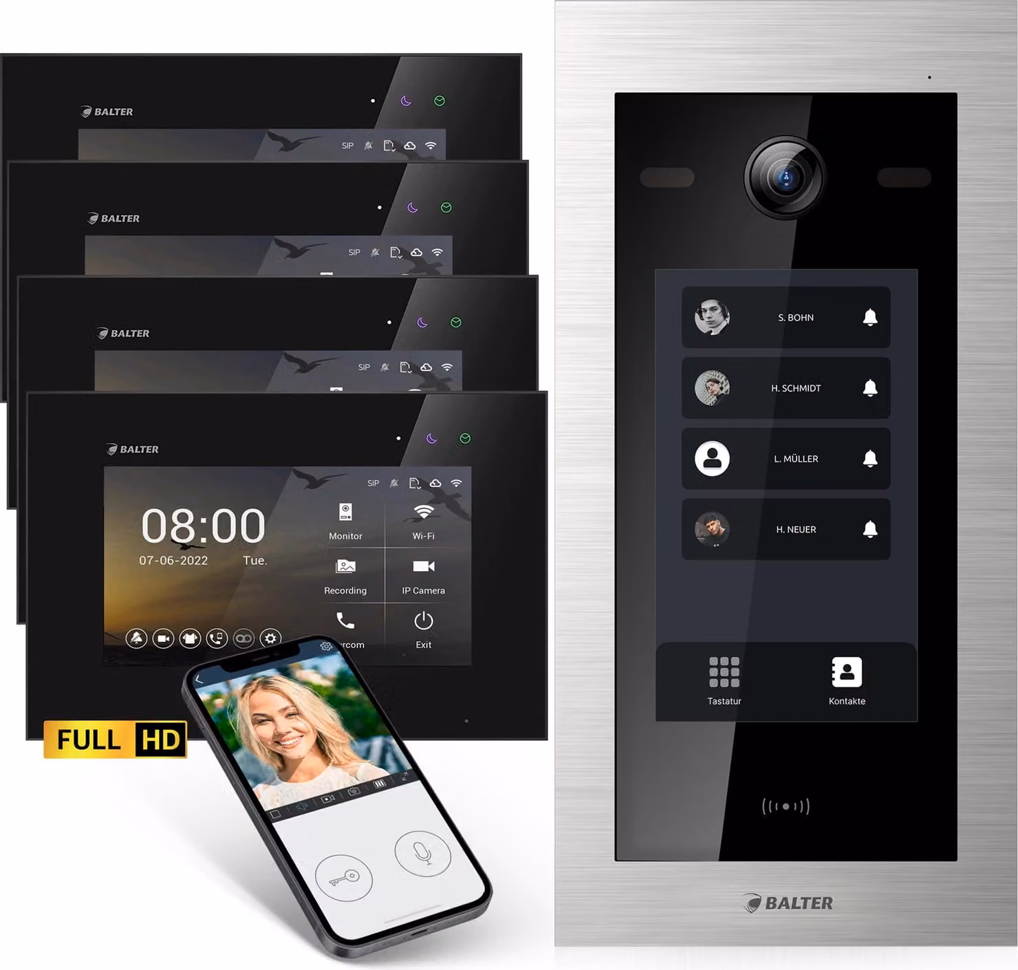 Videocitofono Balter EVO-HD con posto esterno touchscreen, campanello video, app, casa quadrifamiliare, 4x monitor da 7 pollici, full HD, bus a 2 fili, argento/nero